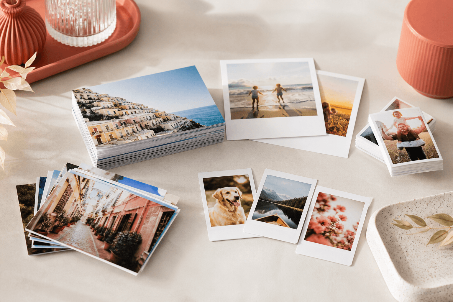 Свежие отпечатки фото, карточки в стиле Polaroid и мини-фото на светлом столе