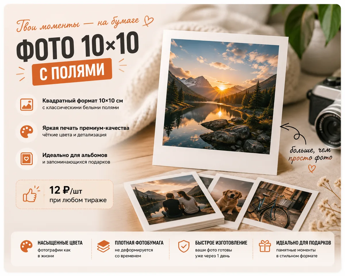 Печать квадратных фото 10×10 с полями: белая рамка и плотная фотобумага — 12 ₽ за штуку при любом тираже
