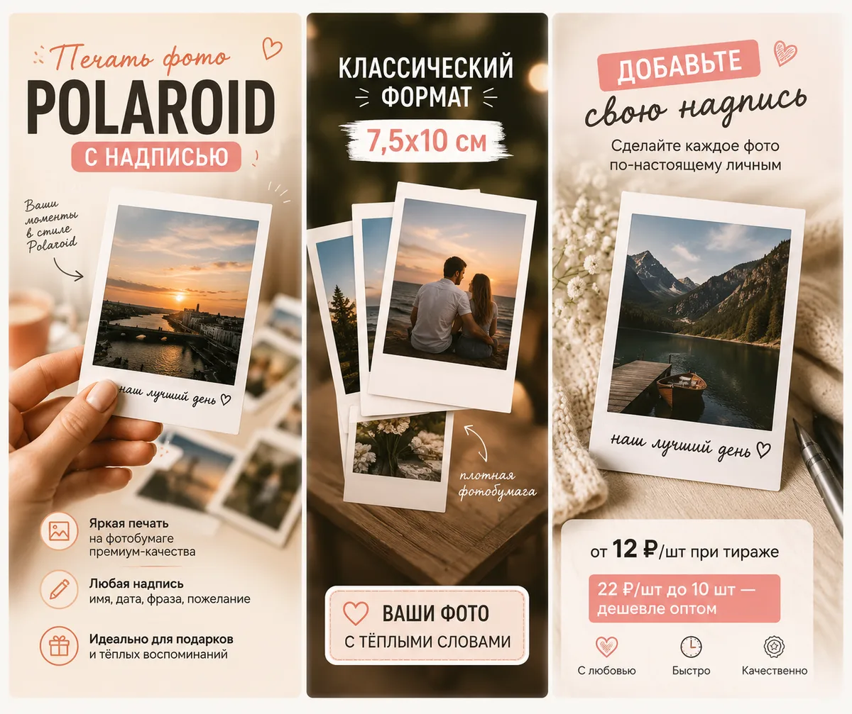 Polaroid с надписью: карточки с подписью «наш лучший день» — имя, дата или фраза на белом поле, от 12 ₽ за штуку