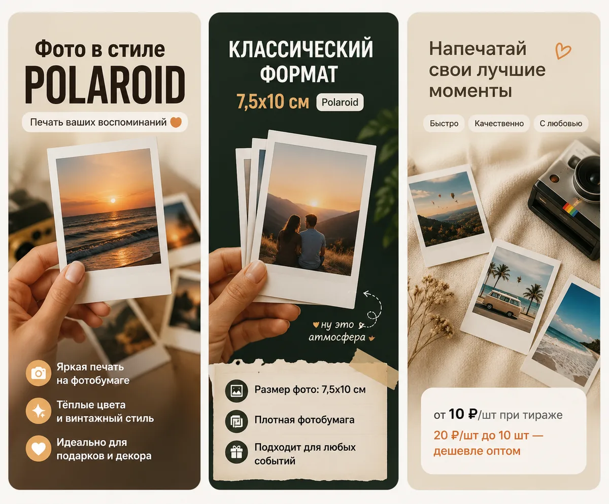 Напечатанные фотографии в стиле Polaroid на плотной фотобумаге